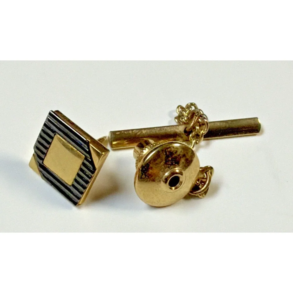 Vintage Pierre Cardin Square Black Lined Gold Tone Tie Bar Pin Tack